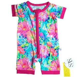 NEW SAS Bamboo Baby Girls Shortie One Piece Floral Lovely Lily Zip Romper 0-3 Mo